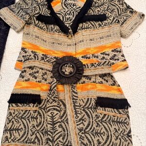 Valentina Shah Cream and Black Woven Jacket and skirt combo with Orange Stripes